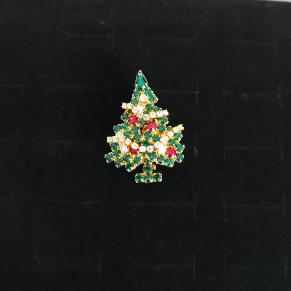 Eisenberg Ice Christmas Tree Pin Rhinestone Green Red Gold Tone‎ Brooch - Picture 2 of 16
